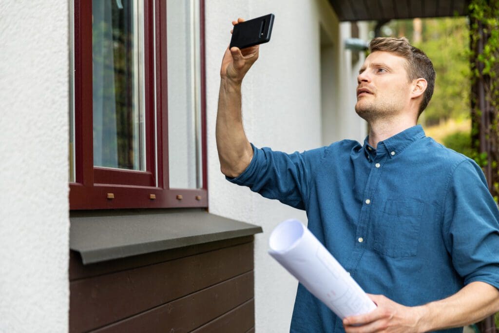 Guy holding up his cellphone to take a picture of his house.