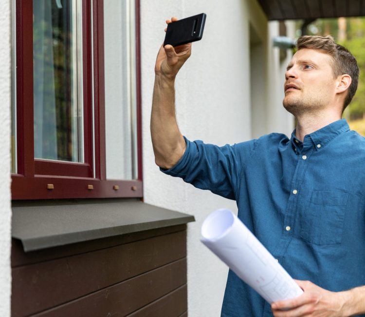 Real,Estate,Appraiser,Taking,Pictures,Of,Property,With,Phone Guy holding up his cellphone to take a picture of his house.